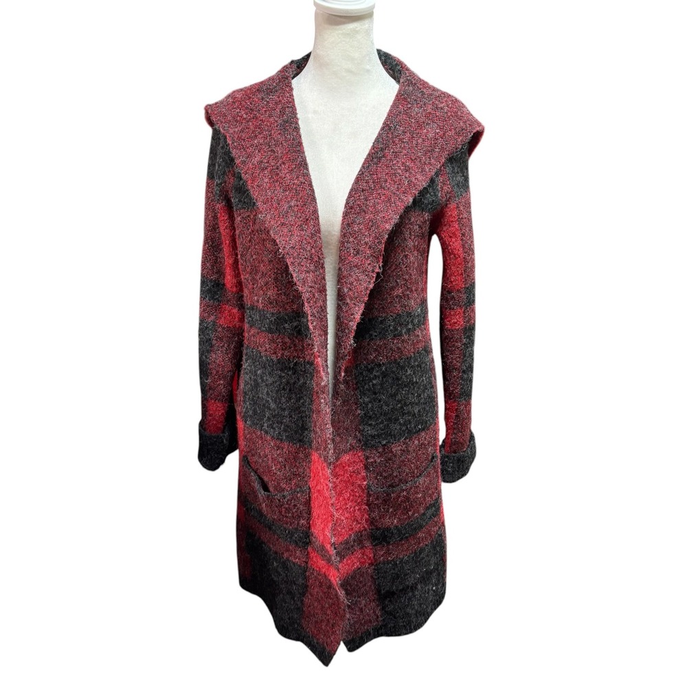 Cyrus Red Charcoal Buffalo Plaid Hooded Cardigan Long Open Front Sweater M